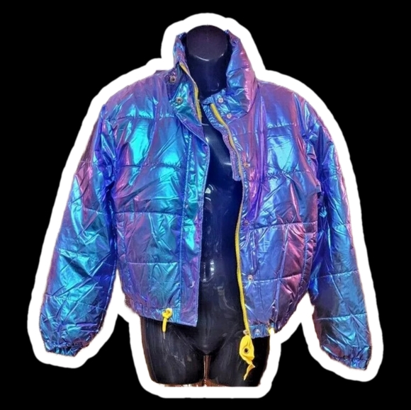 Metallic Blue Green Mermaid Color Change Cropped Puffer Yellow Drawstring Jacket - Picture 5 of 5